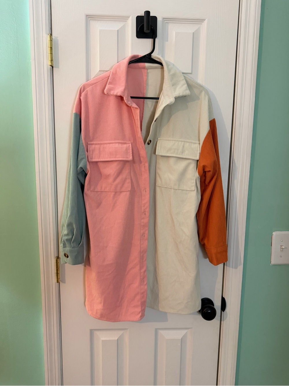 Source Unknown Colorblock Corduroy Utility Shacket - Pink, Cream & Orange